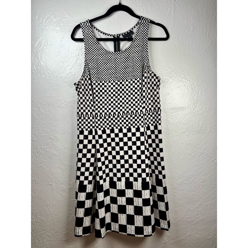 Fit & Flare Dress 12 Black White Checkerboard Alice in Wonderland Optical‎ 60s